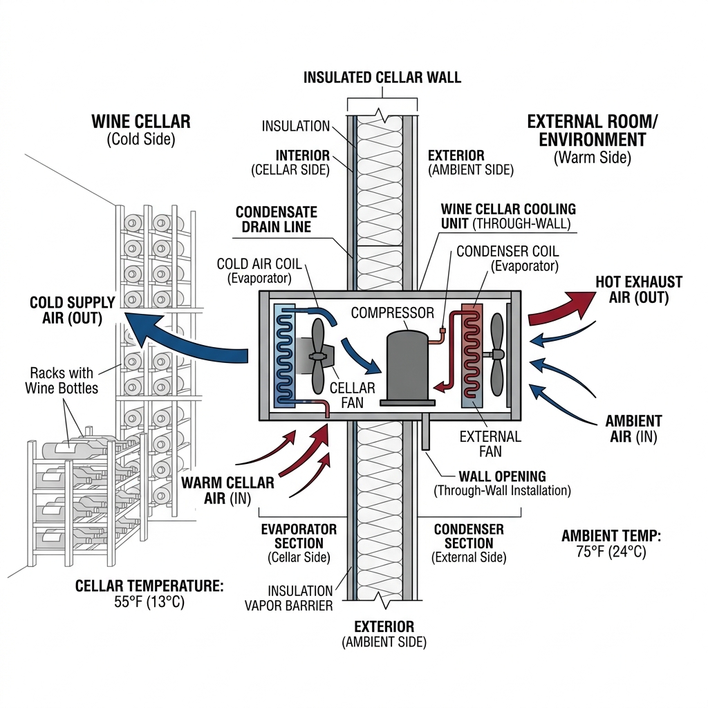 Through-wall wine cellar cooling system diagram